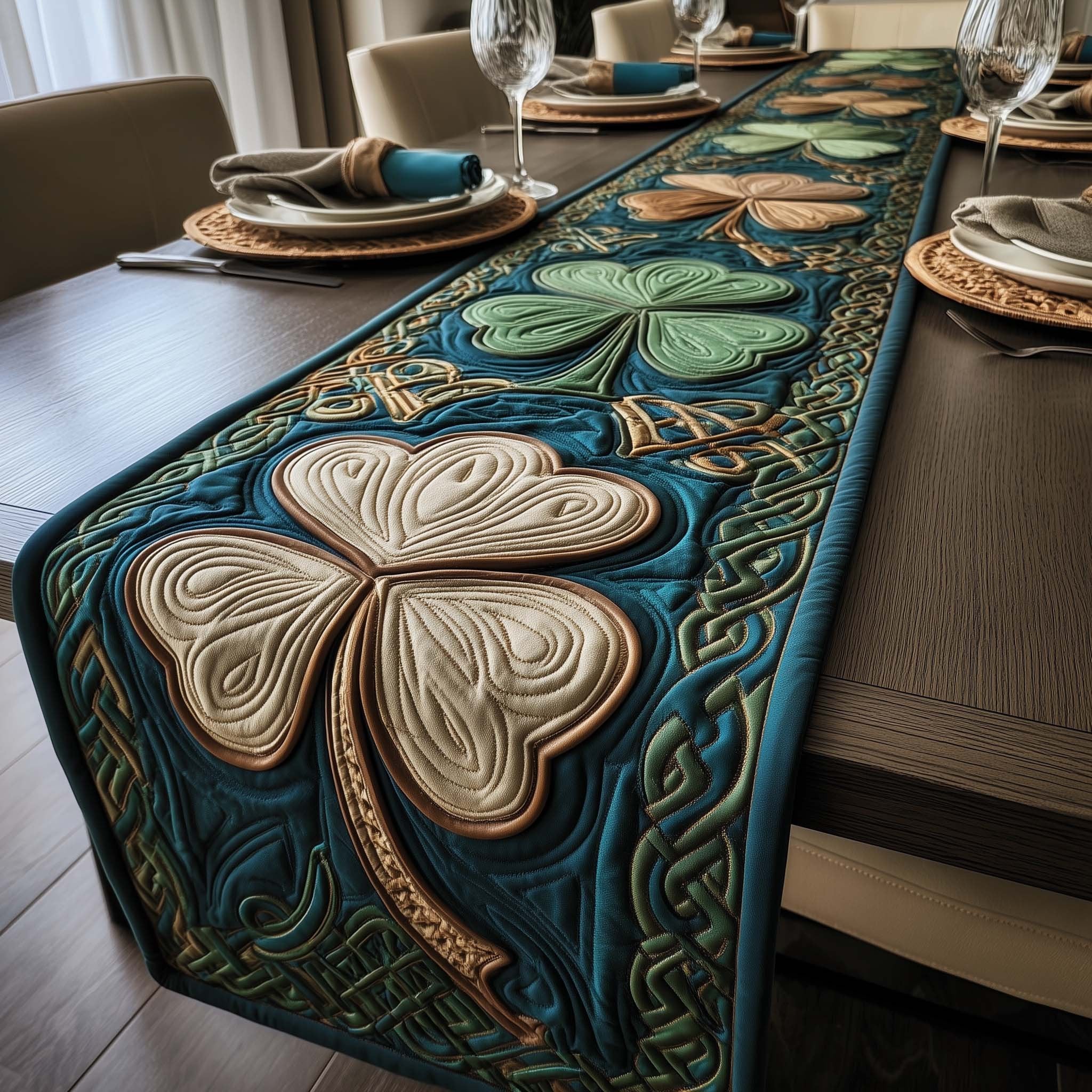Cream Shamrock on Teal Knotwork Table Runner
