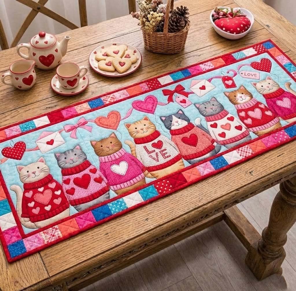 Cat Faces in Pink Love Squares Table Runner