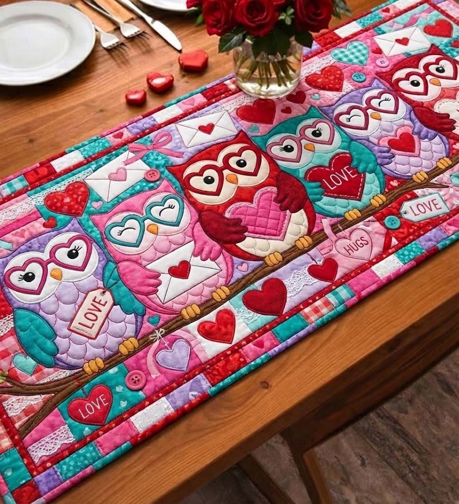 Owls with Love Hearts on Pink Table Runner