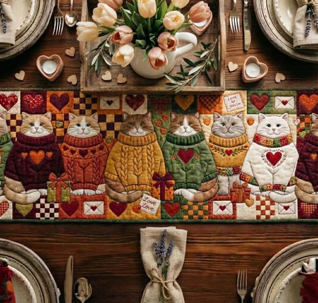 Cats in Sweaters with Hearts Table Runner