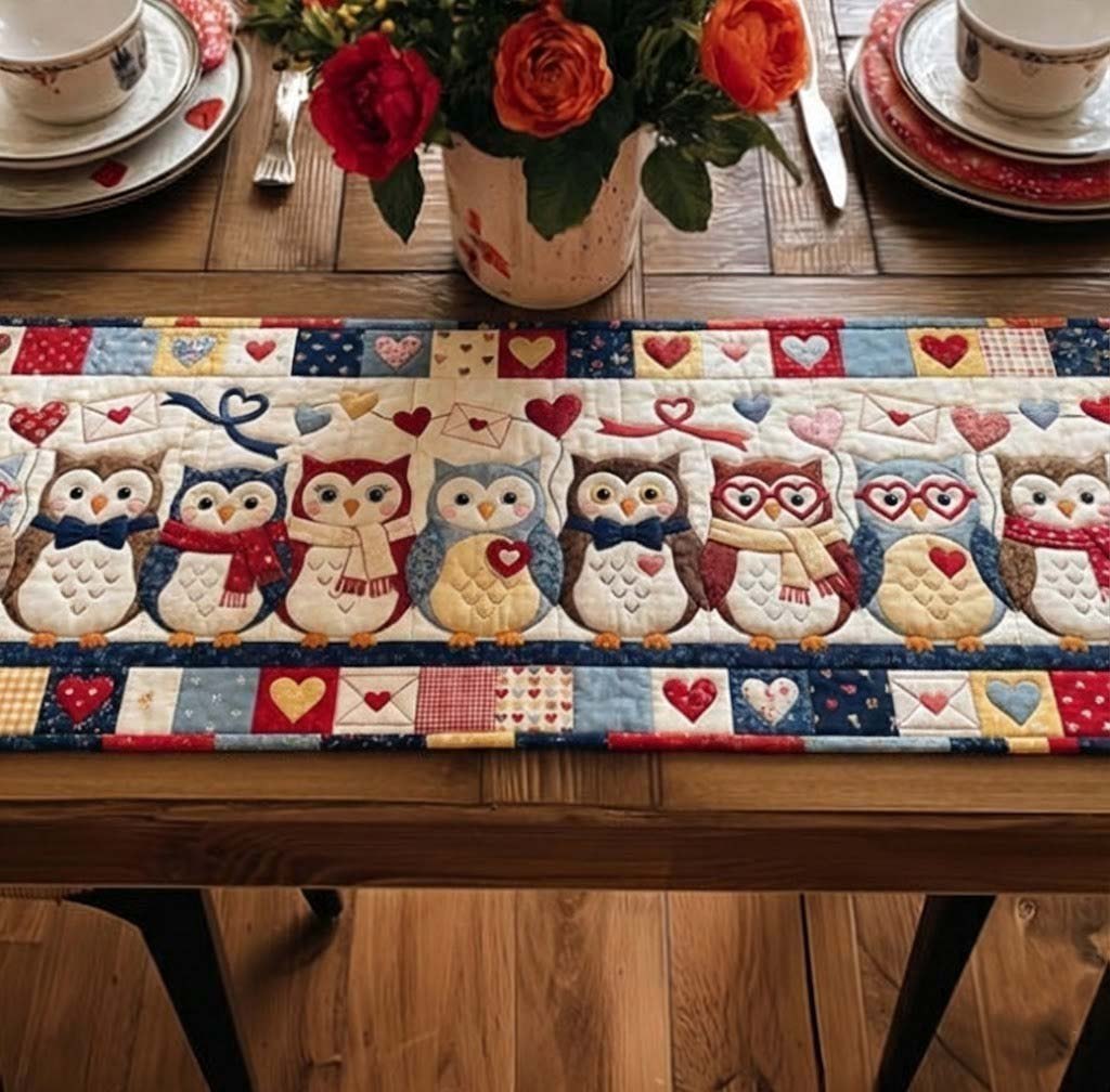 Owls in Blocks with Hearts Table Runner