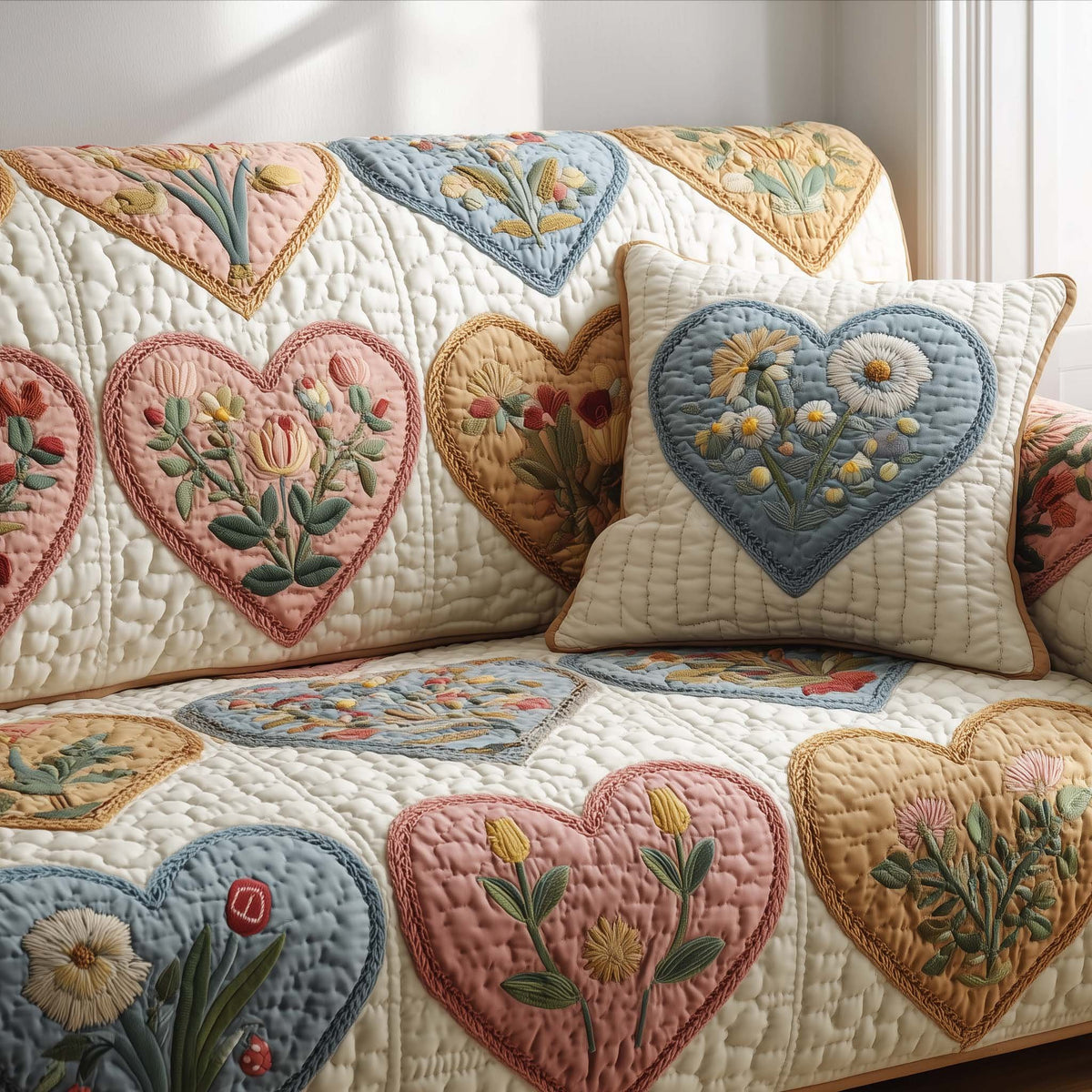 Pastel Hearts Filled with Flowers Sofa Cover