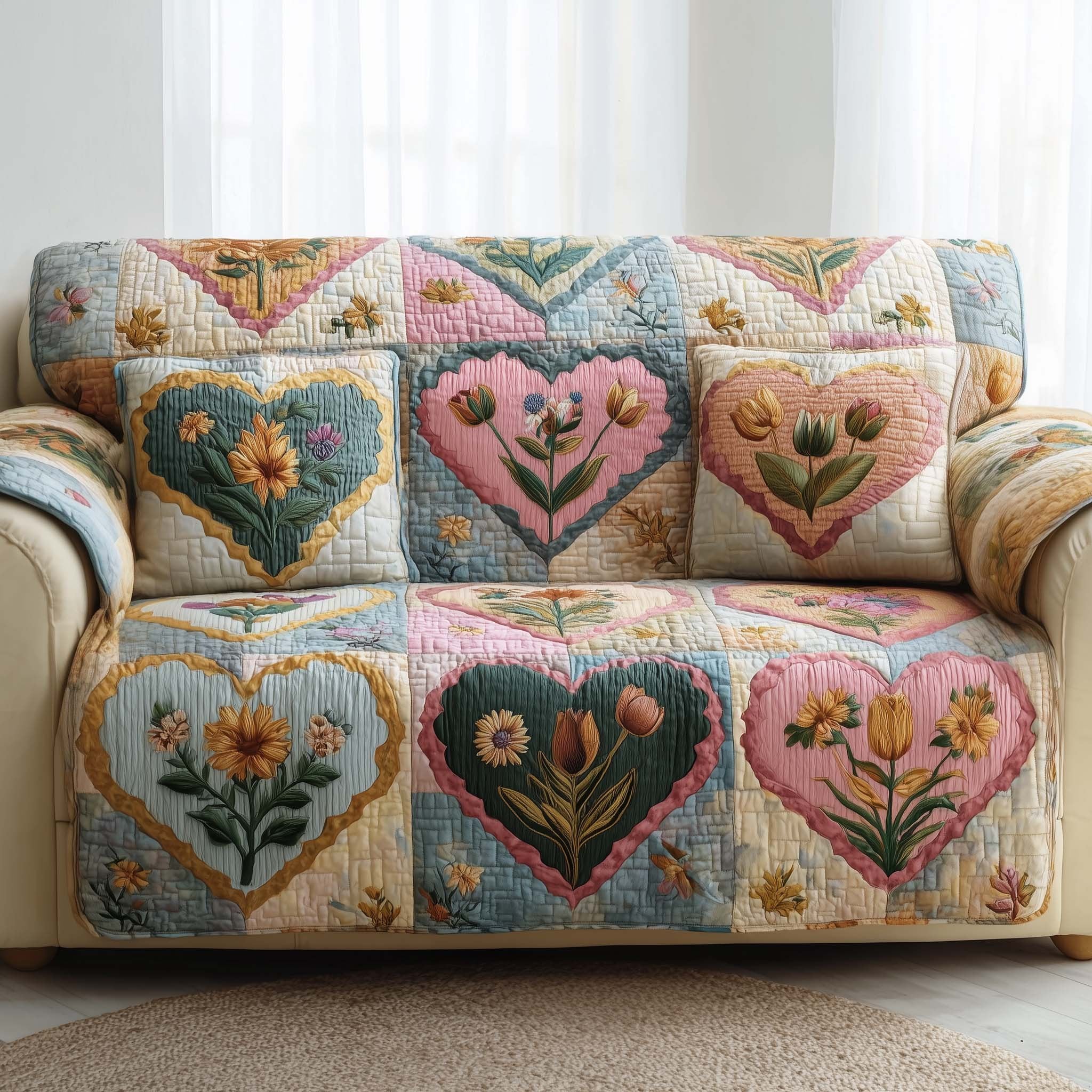 Floral Hearts in Pink and Blue Sofa Cover