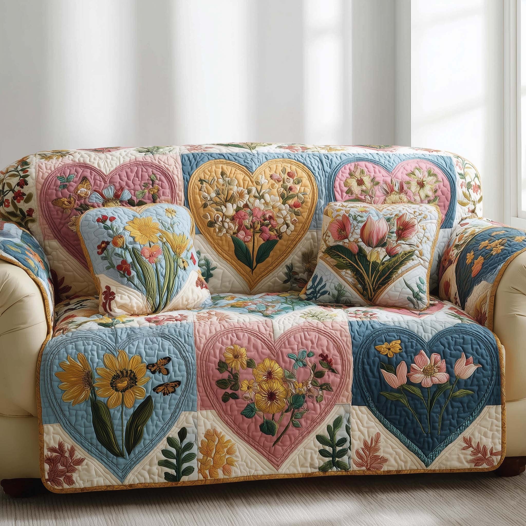 Flower Hearts in Soft Pastel Blocks Sofa Cover