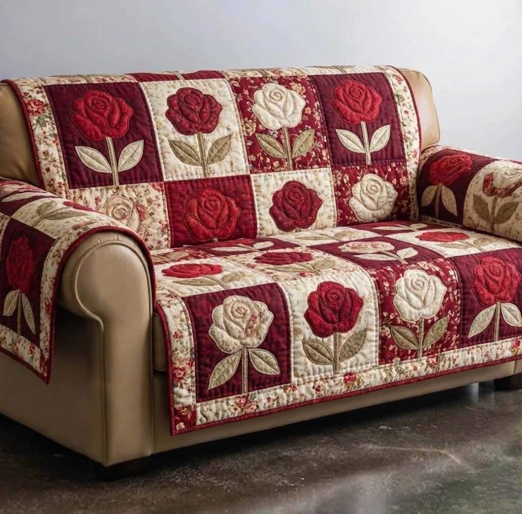Roses in Red and White Squares Sofa Cover