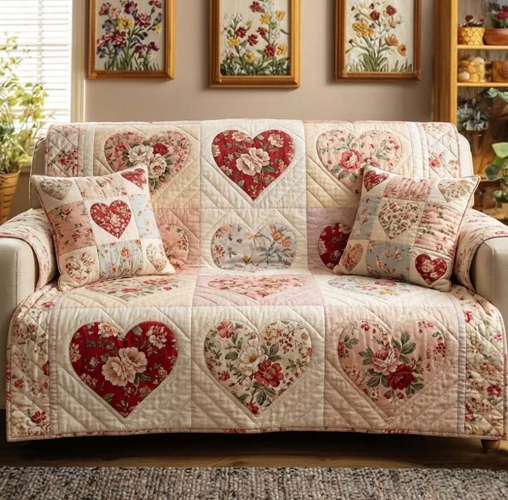 Hearts on Cream Floral Blocks Sofa Cover