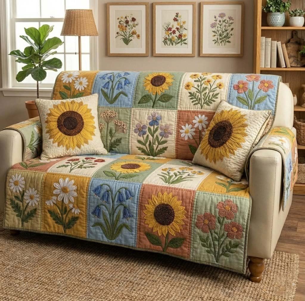 Sunflowers and Daisies in Pastel Panels Sofa Cover