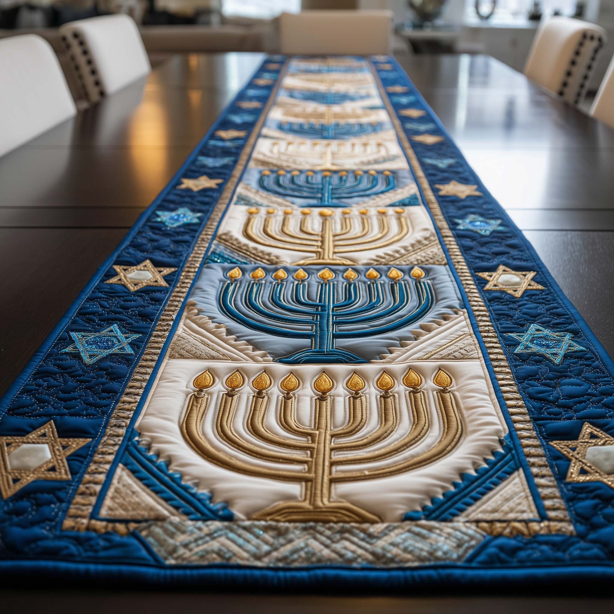 Gold Menorahs on Blue Panel Table Runner