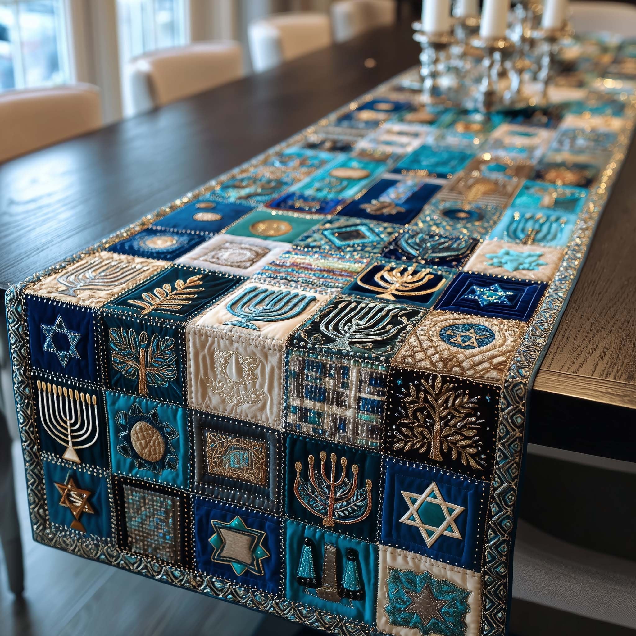 Blue Hanukkah Symbol Patchwork Table Runner