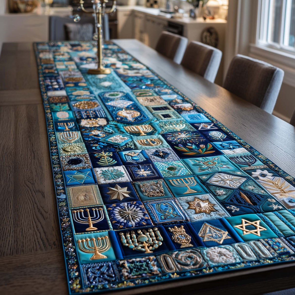 Blue and Silver Menorah Tiles Table Runner