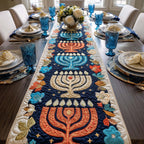 Bright Menorahs on Navy Center Table Runner