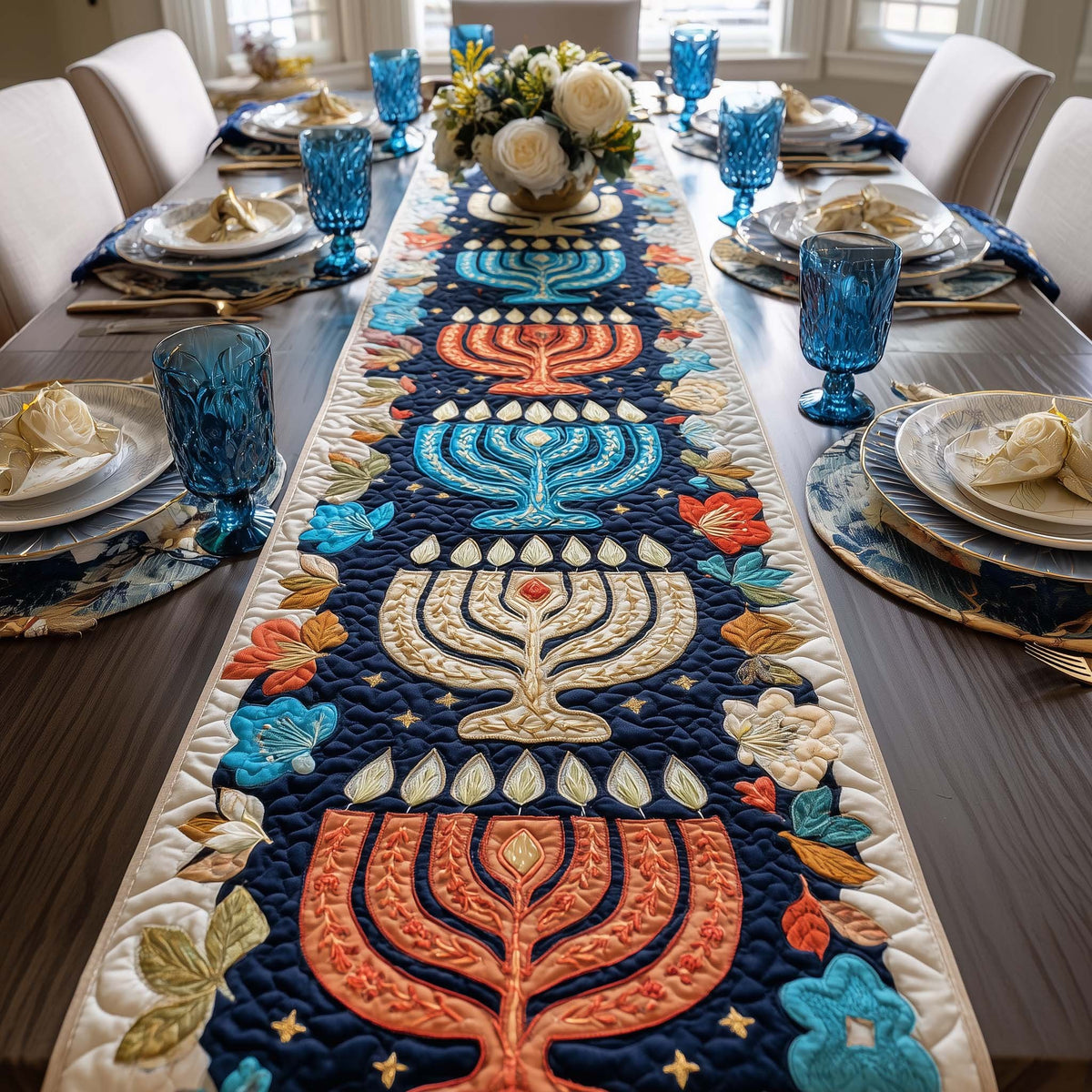 Bright Menorahs on Navy Center Table Runner