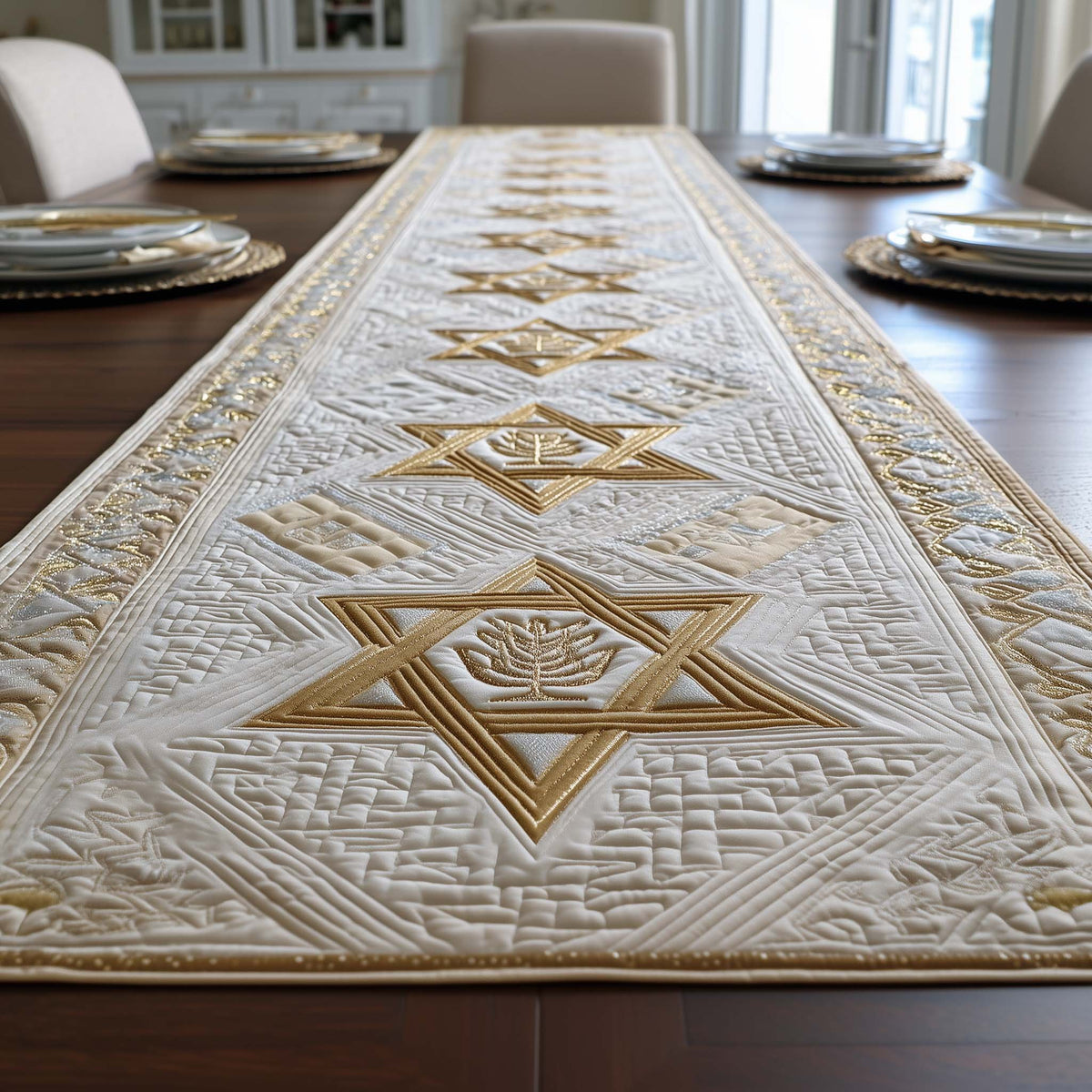 Gold Stars on White Quilting Table Runner