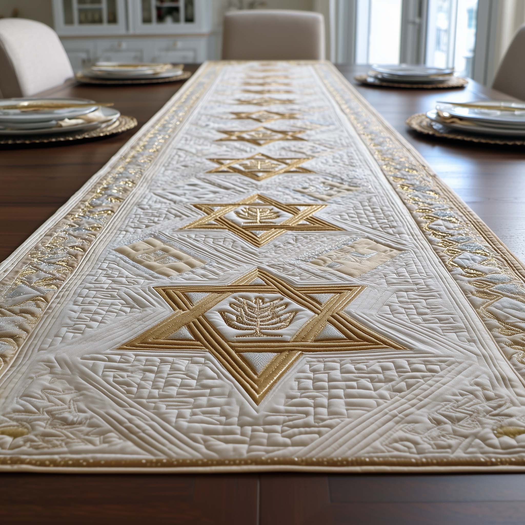 Gold Stars on White Quilting Table Runner