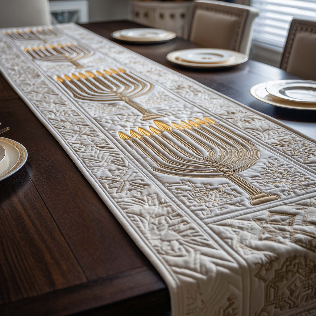 White Quilted Menorah Panel Table Runner