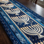Silver Menorahs on Starry Blue Table Runner