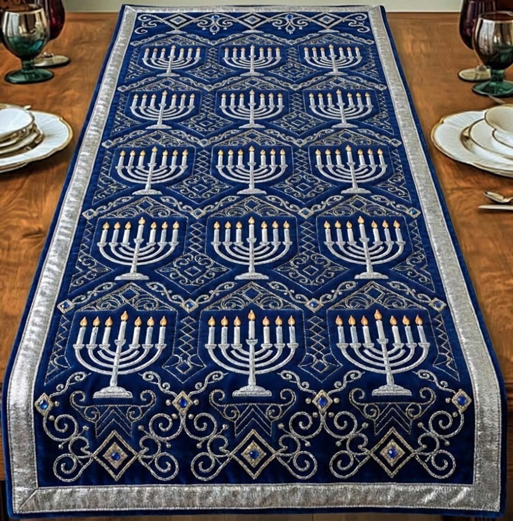 White Menorah Rows on Navy Table Runner