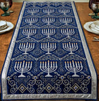 White Menorah Rows on Navy Table Runner