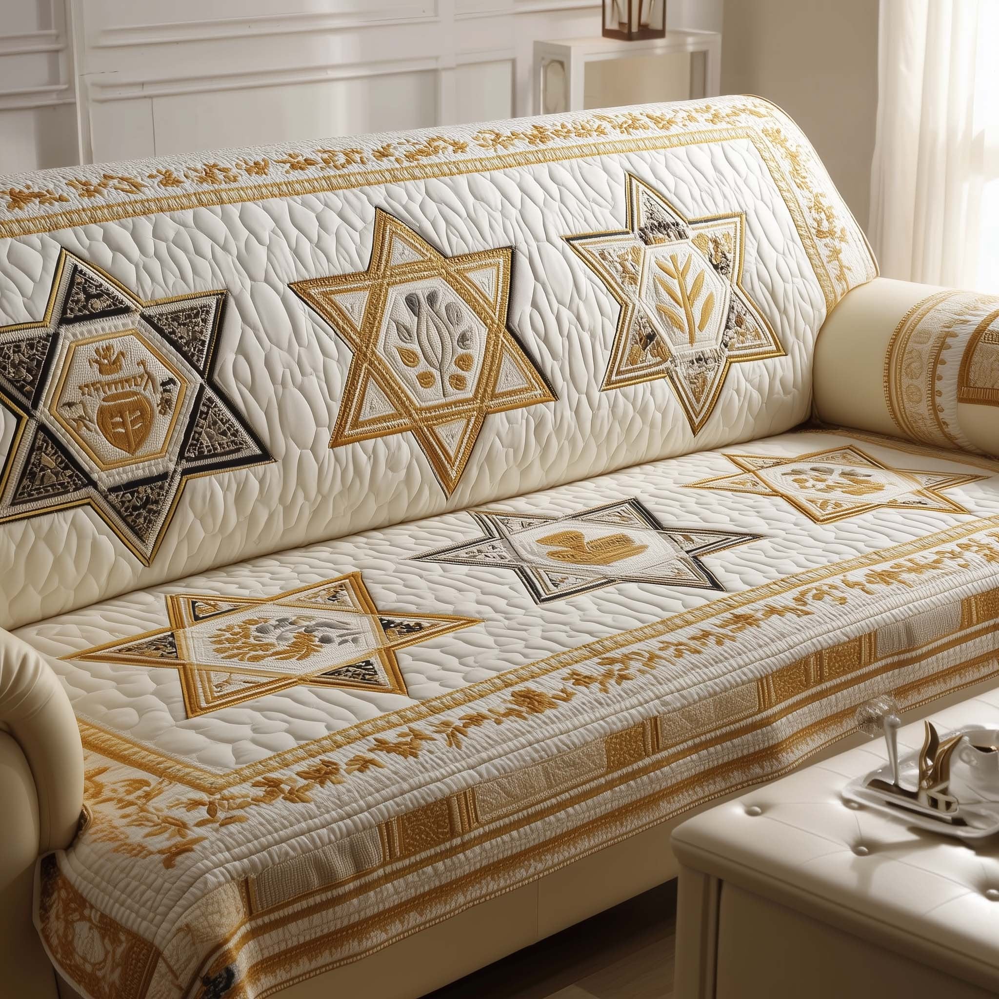 Golden Star and Wheat on Ivory Sofa Cover