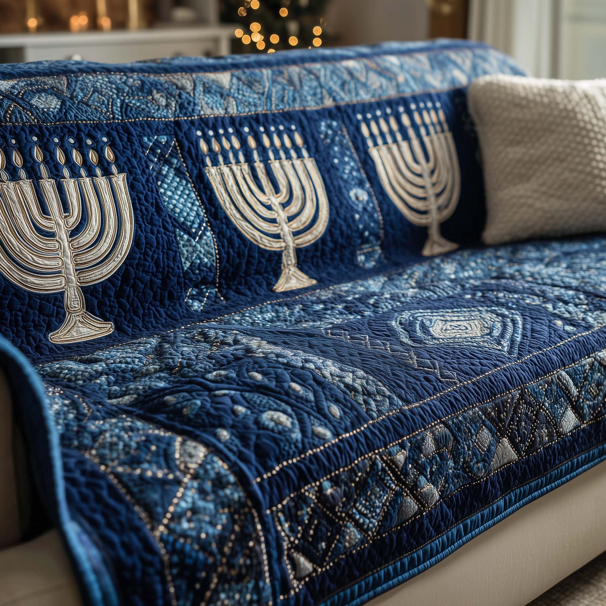 Menorahs on the Blue Quilt Sofa Cover
