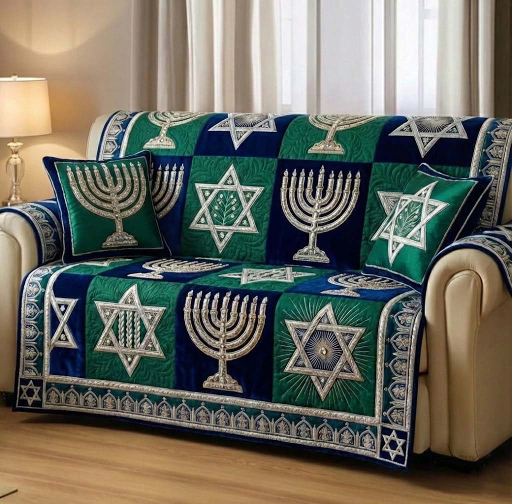 Menorah and Star Blocks in Green and Blue Sofa Cover