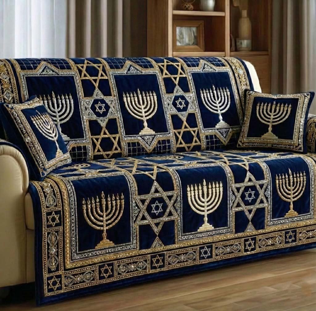 Menorahs on Navy and Gold Panels Sofa Cover