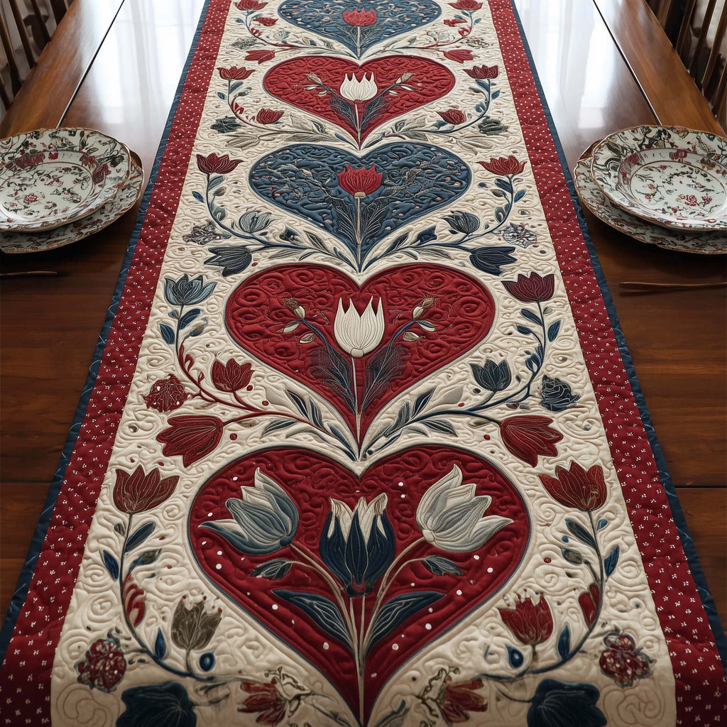 Red Heart with Folk Tulips Table Runner