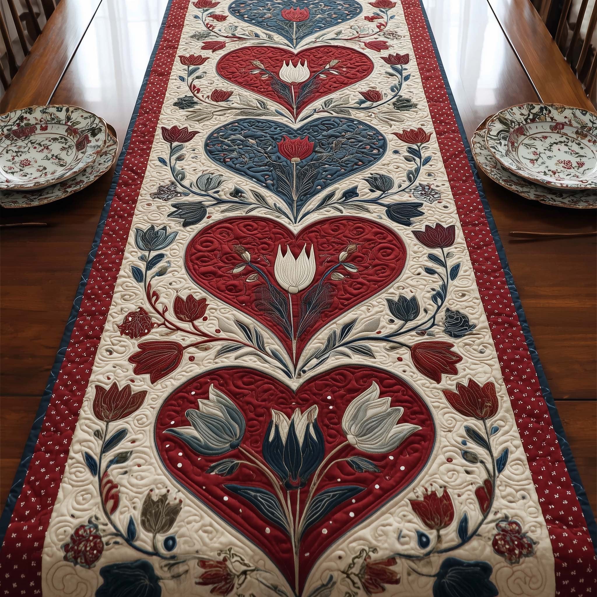 Red Heart with Folk Tulips Table Runner