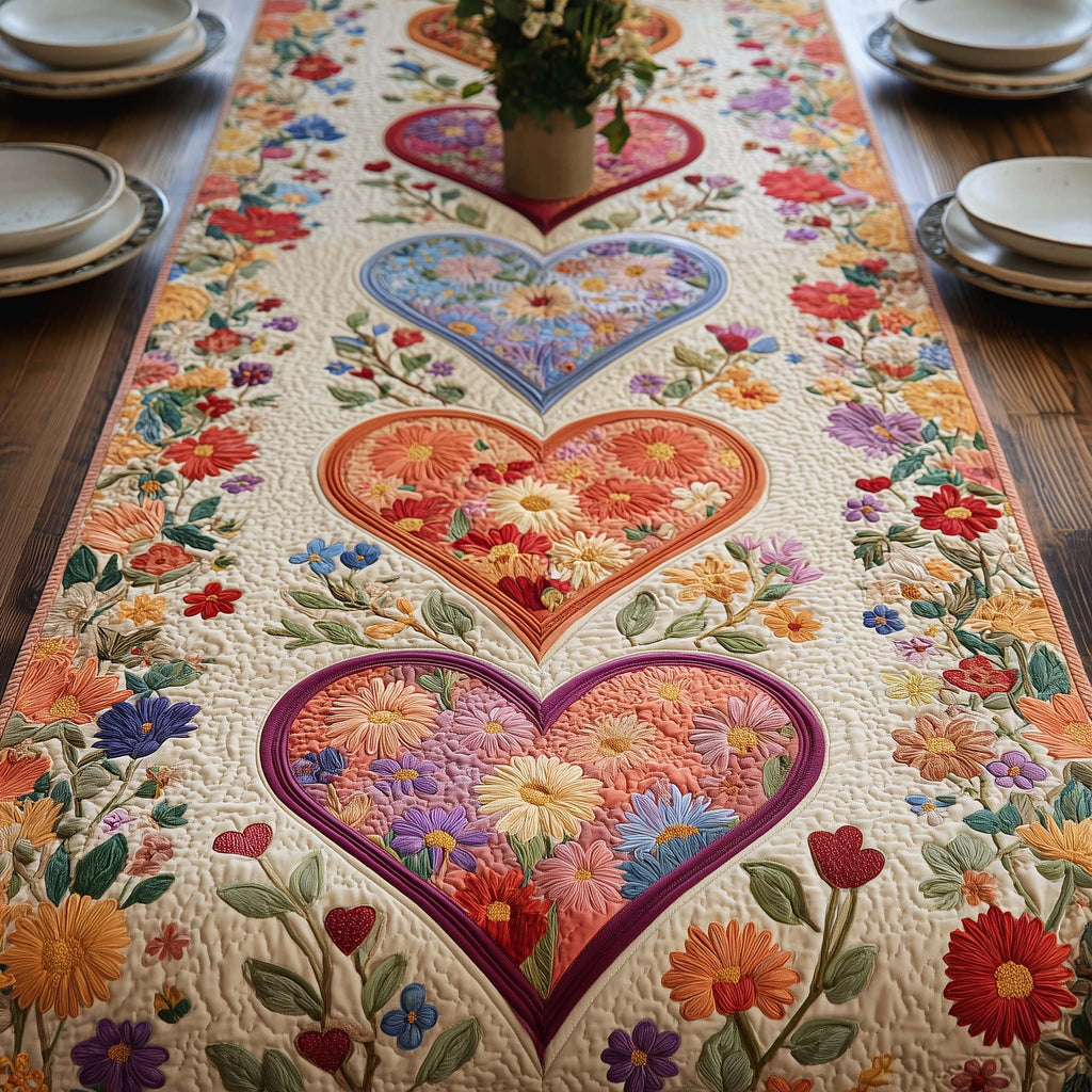 Floral Hearts on Cream Panel Table Runner