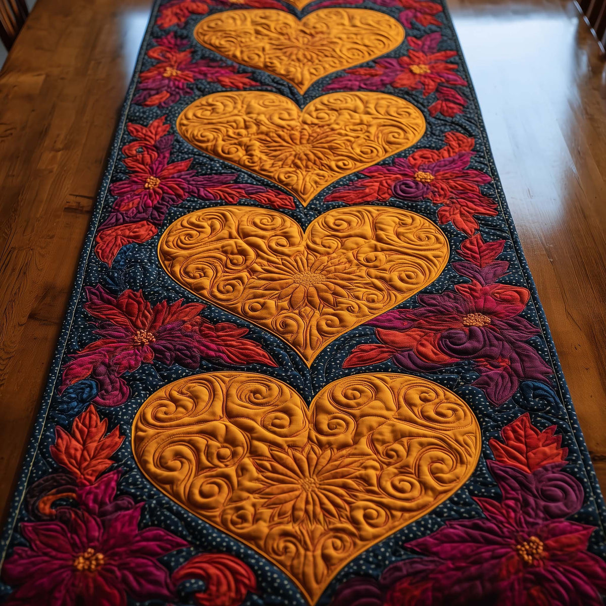 Orange Hearts on Red Autumn Leaves Table Runner