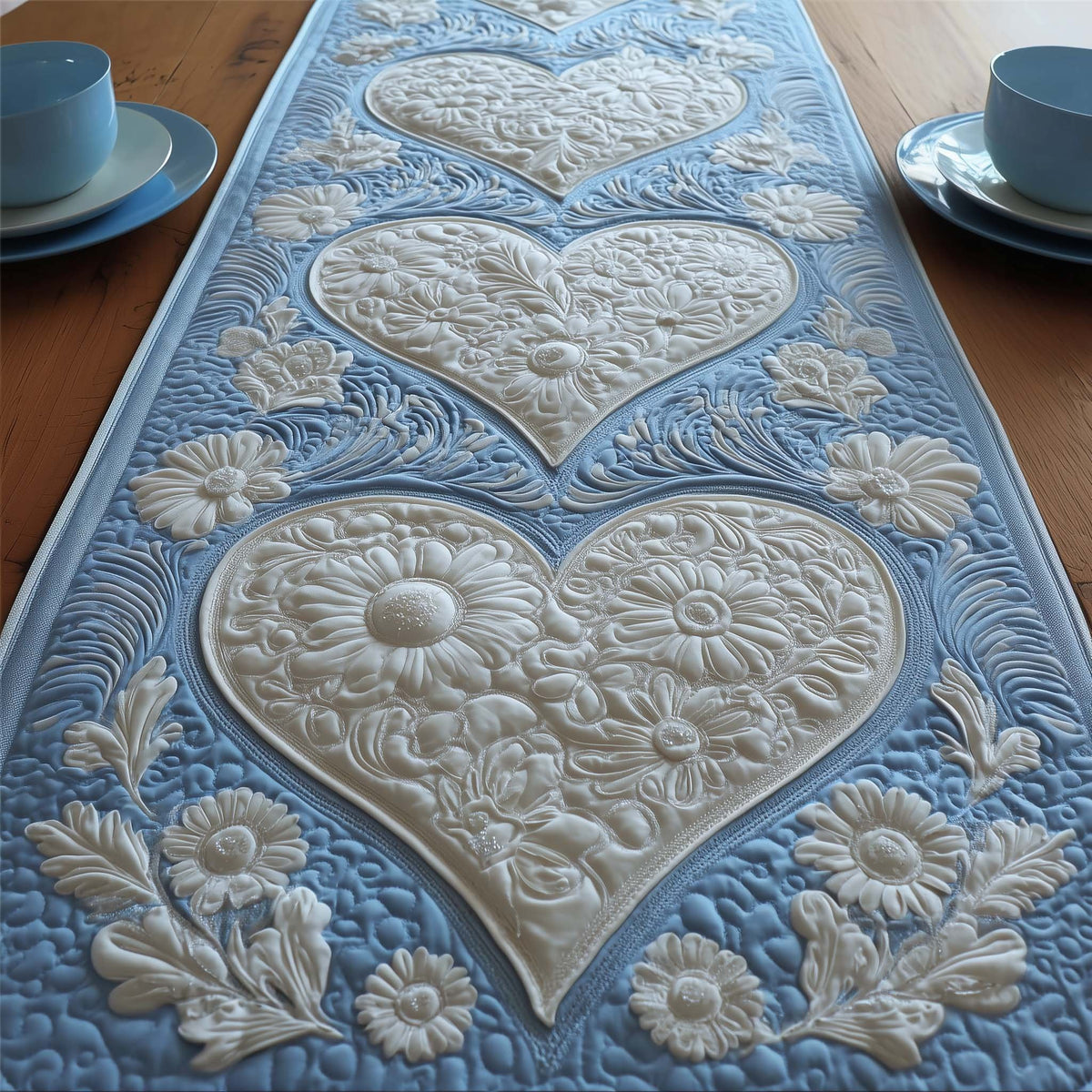 White Quilted Heart with Flowers Table Runner