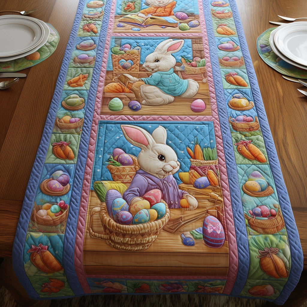 Bunny with Egg Baskets on Blue Table Runner