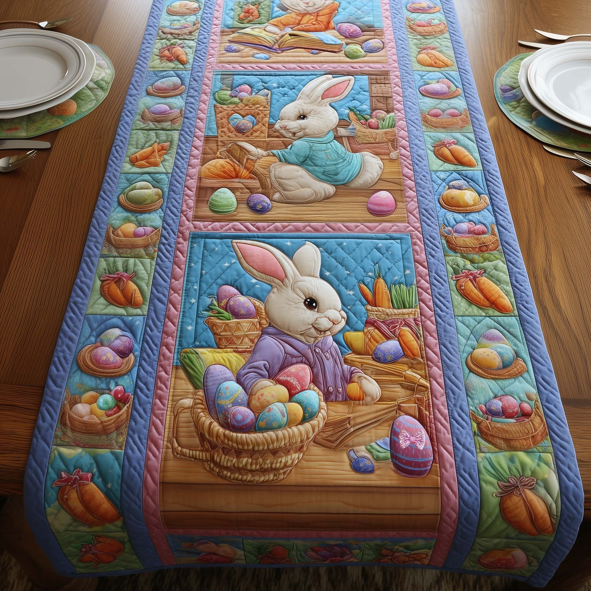 Bunny with Egg Baskets on Blue Table Runner