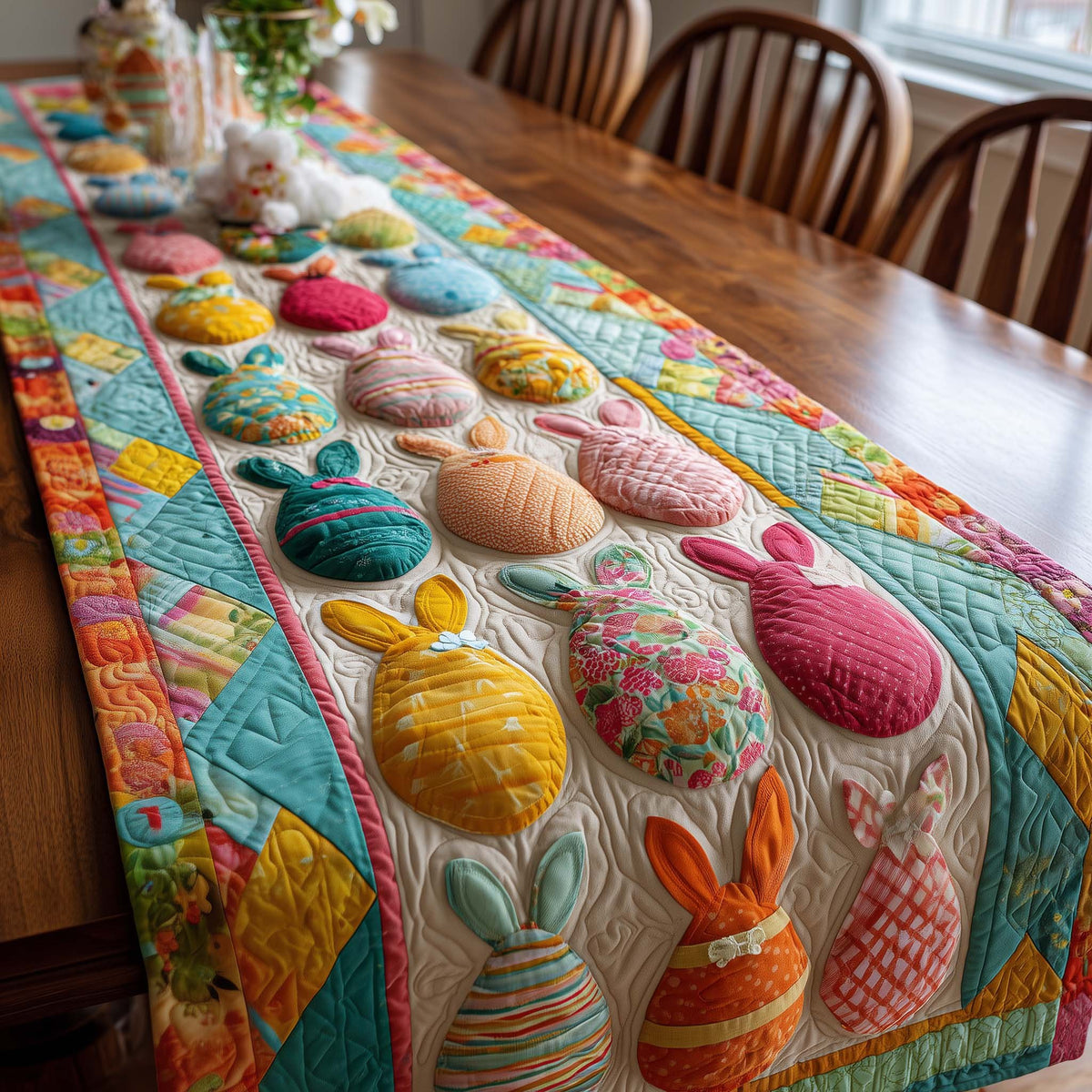 Rows of Eggs and Bunnies in Bright Colors Table Runner