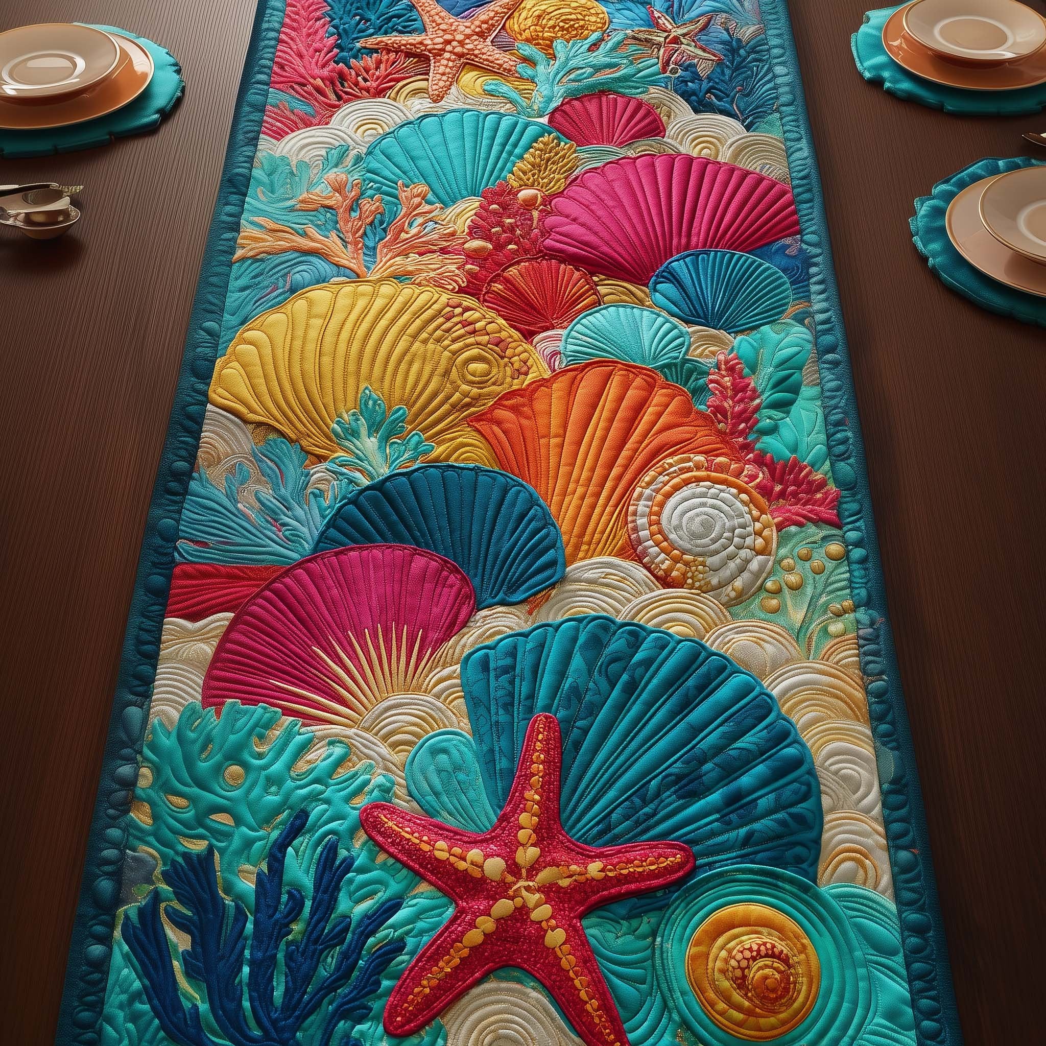 Bright Coral Fans with Red Starfish Table Runner