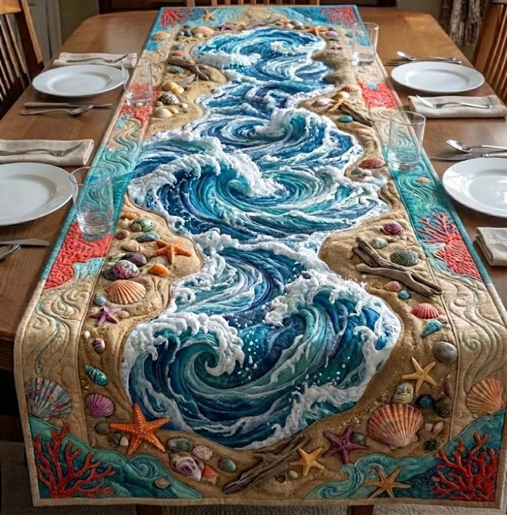 Rolling Waves with Shells and Starfish Table Runner