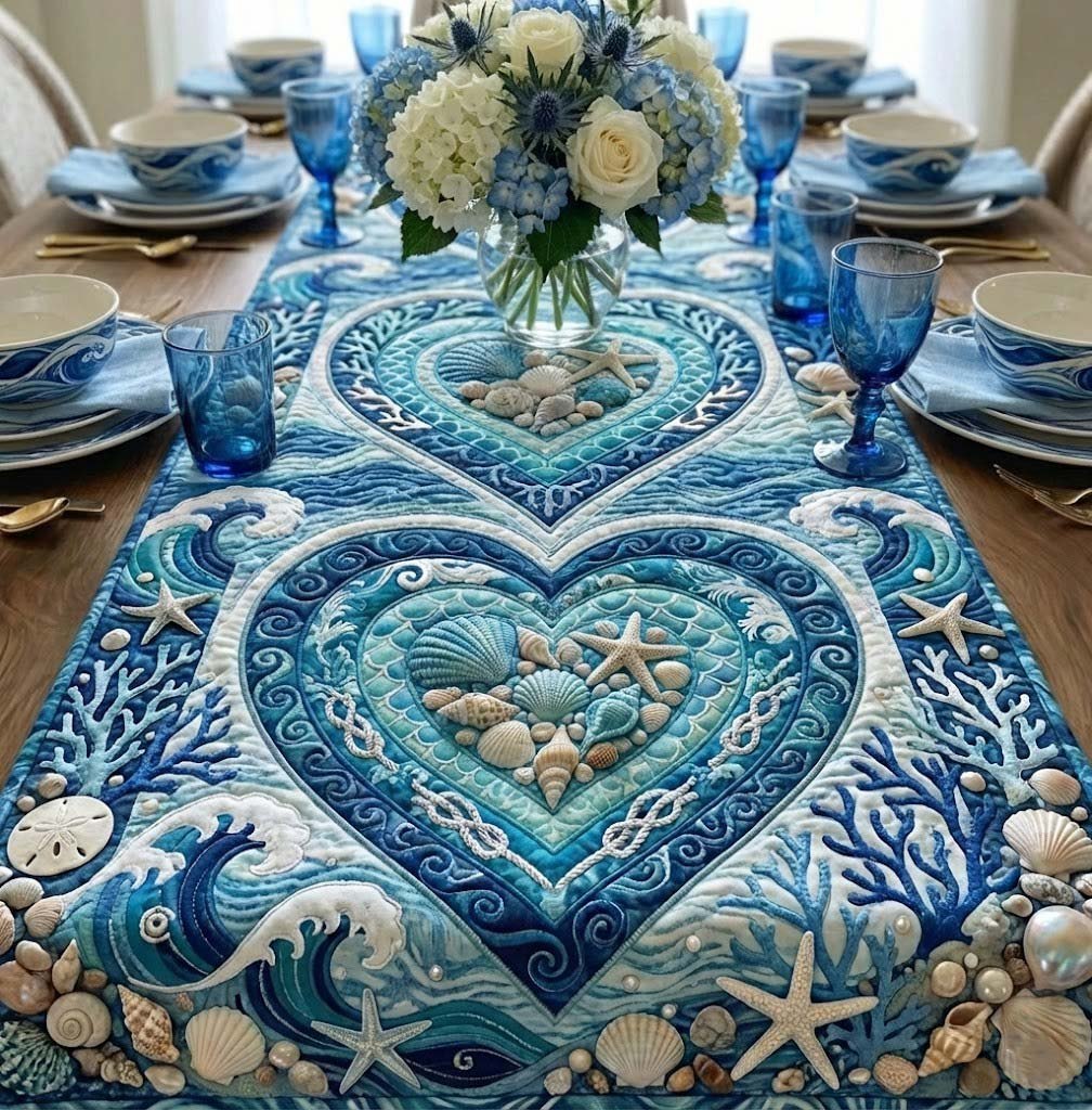 Blue Shell Heart Medallion Table Runner