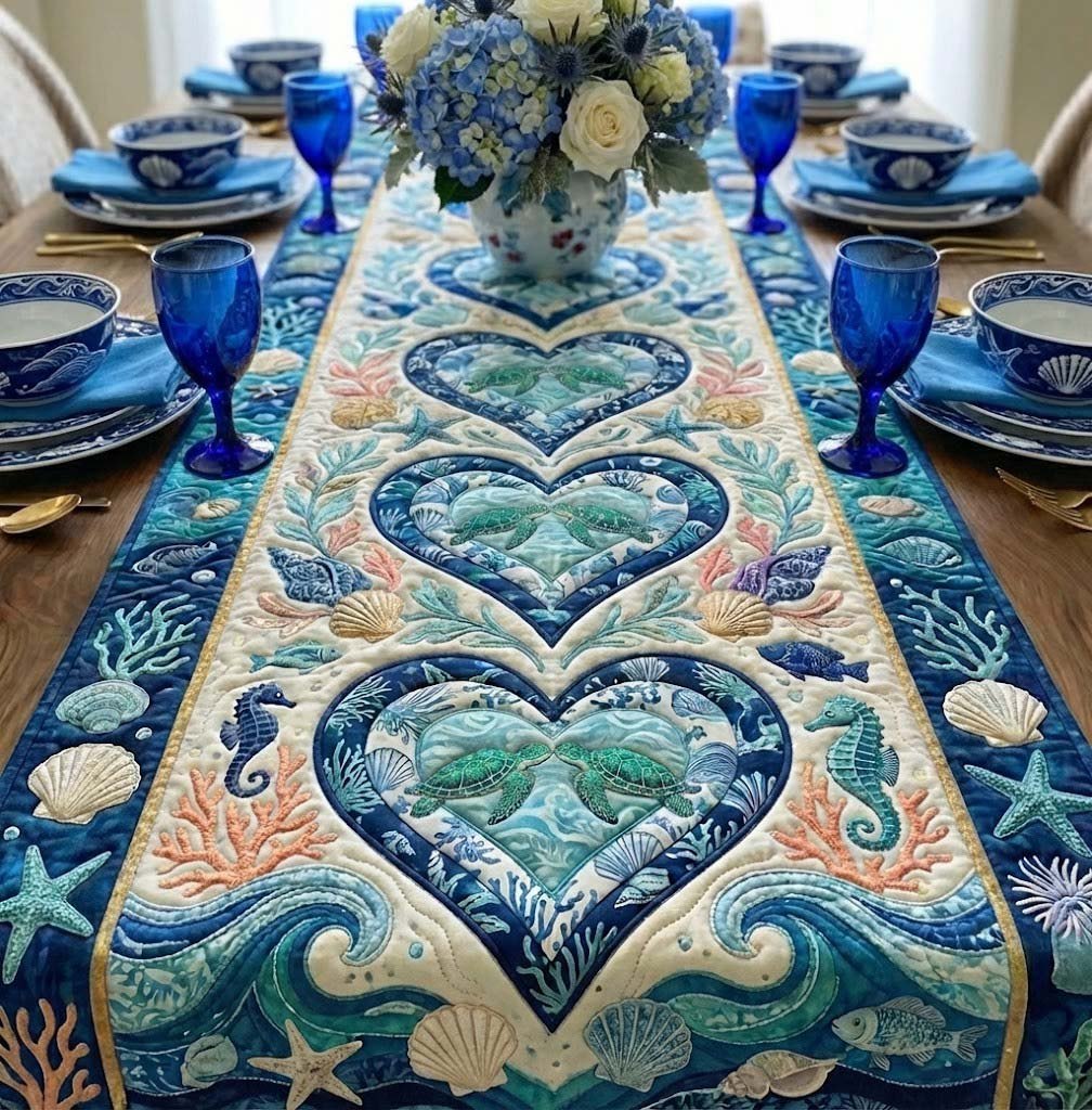 Teal Shell Hearts on Cream Table Runner