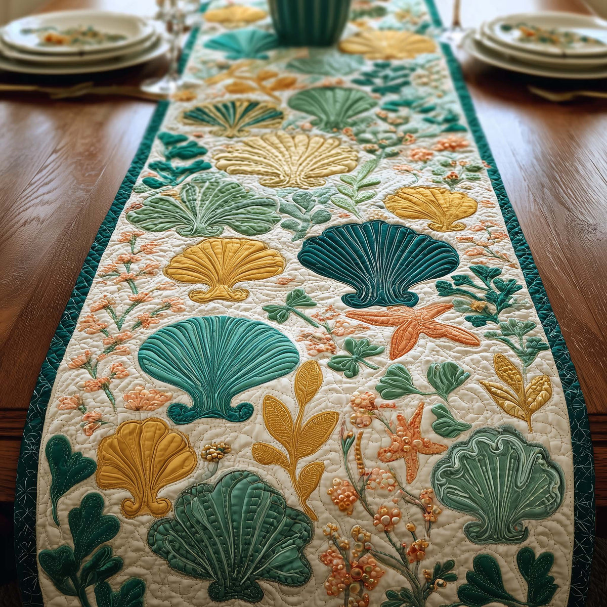 Teal Shells and Starfish on Cream Table Runner