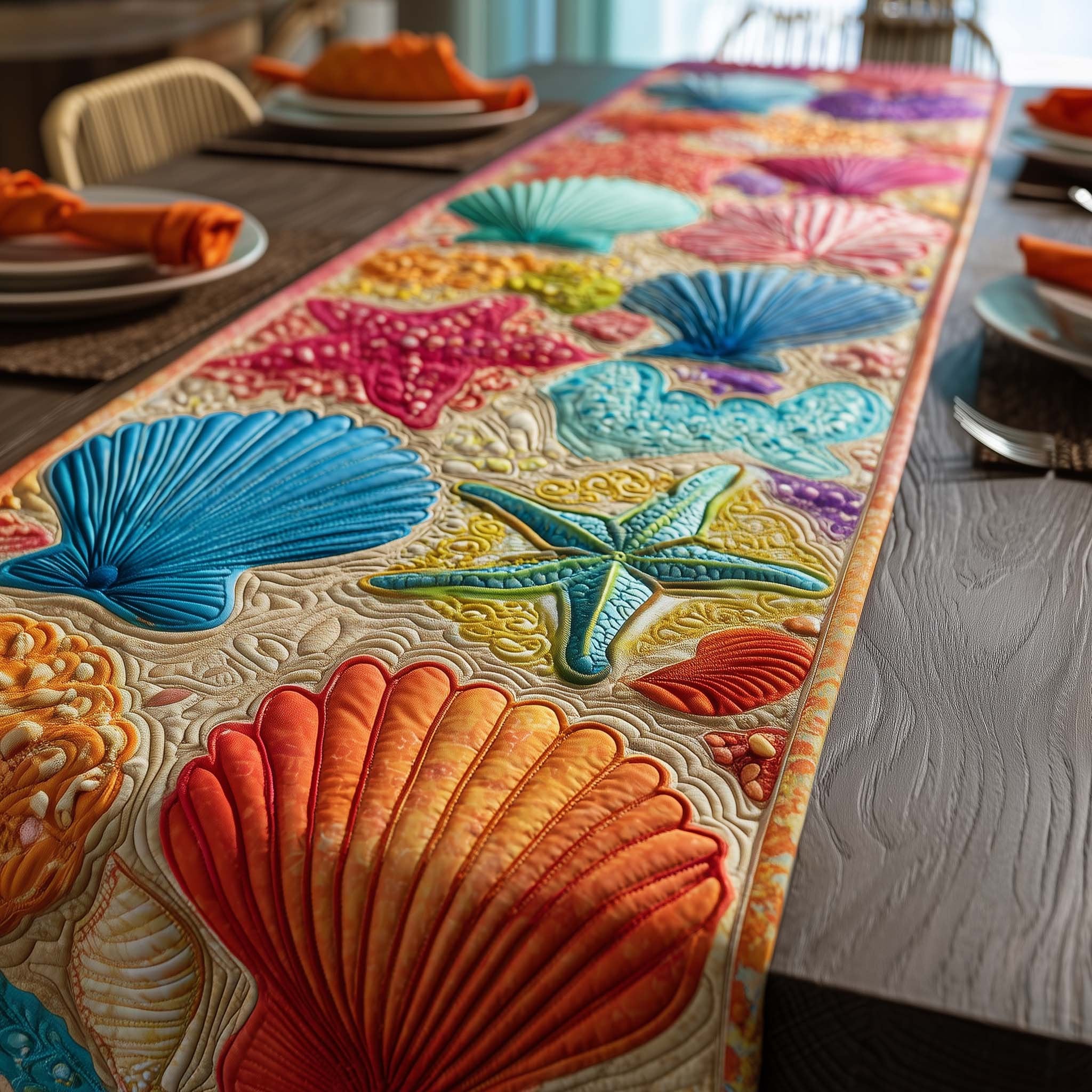 Bright Shells on Pink and Teal Table Runner