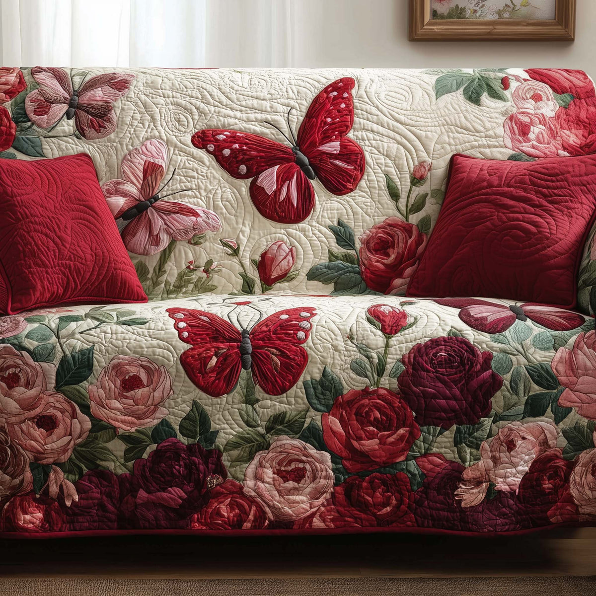 Red Butterflies Among the Roses Sofa Cover