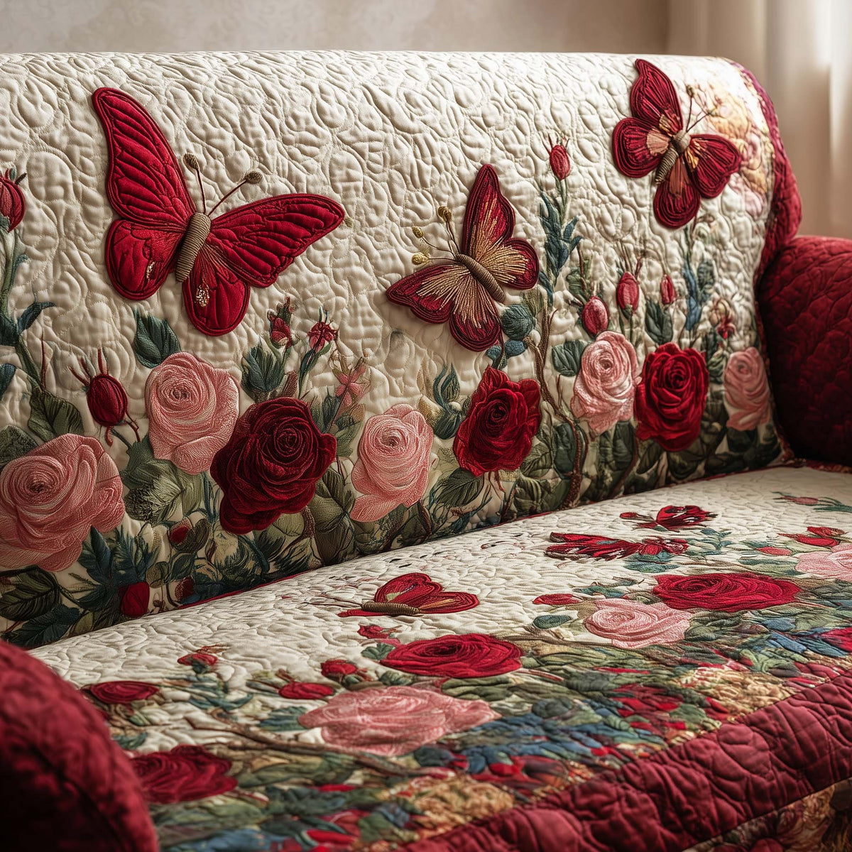 Roses and Butterflies on Cream Sofa Cover