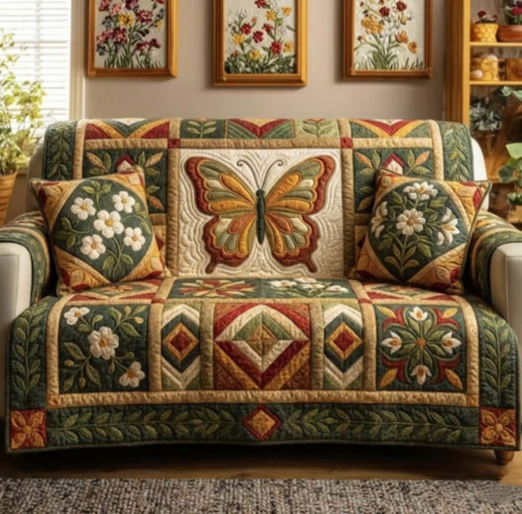 Butterfly on the Gold Medallion Quilt Sofa Cover