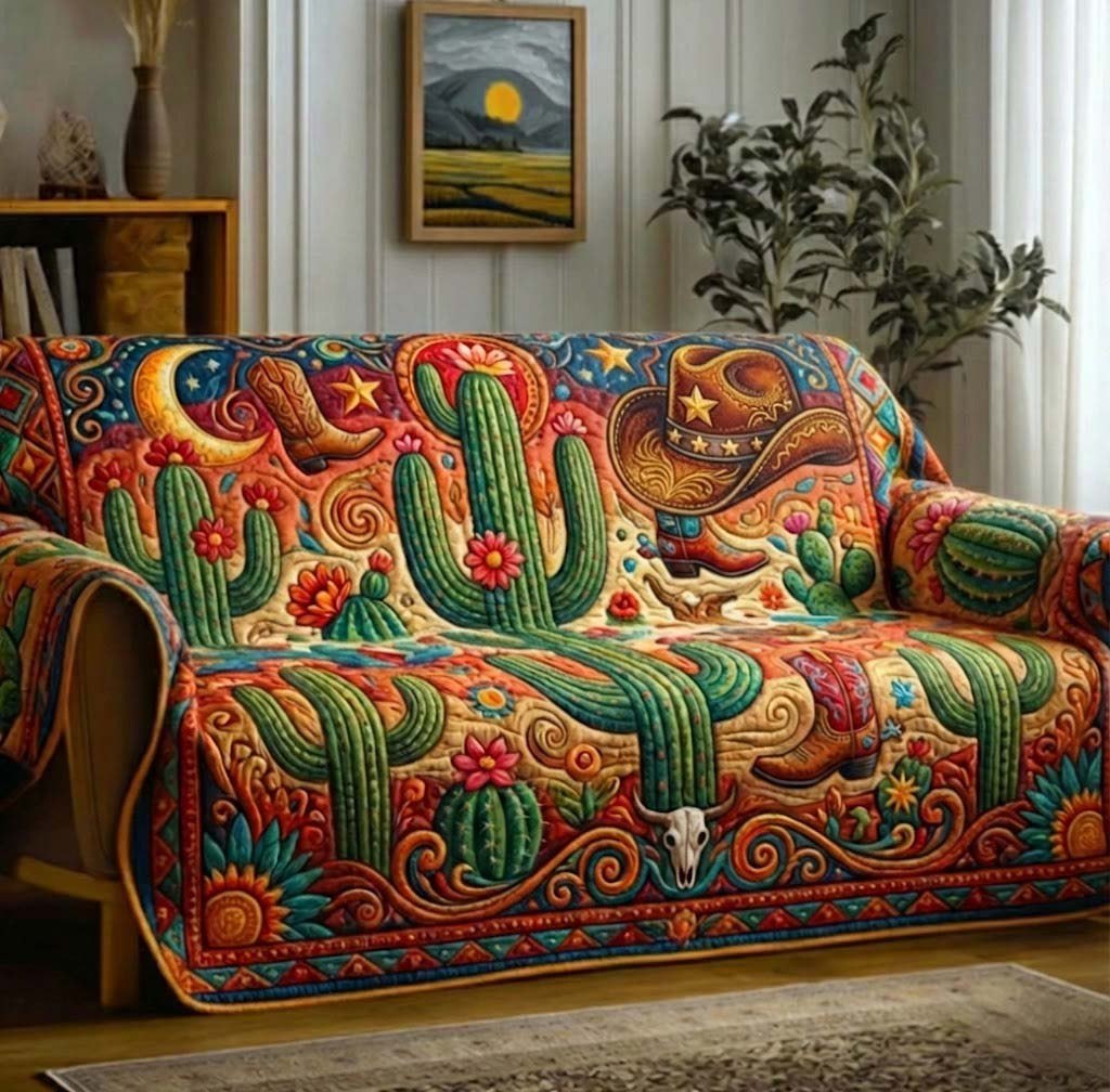 Ornate Cactus and Steer Skull Sofa Cover