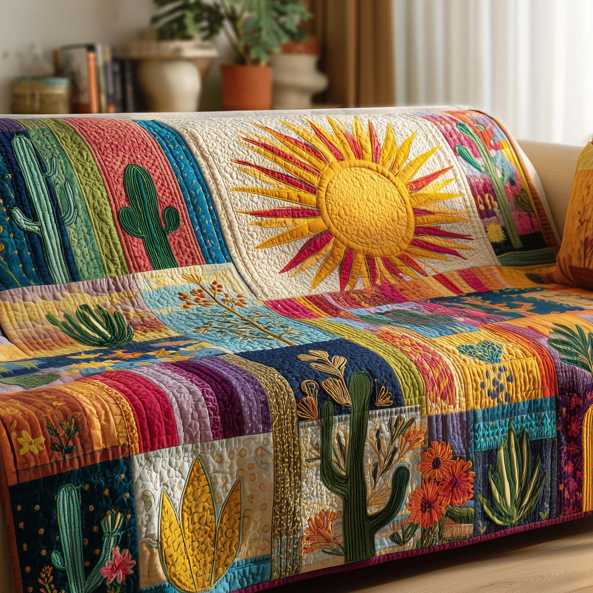 Golden Sun Above the Cactus Squares Sofa Cover