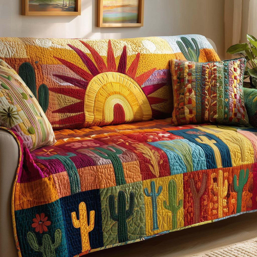 Rainbow Sun with Cactus Panels Sofa Cover