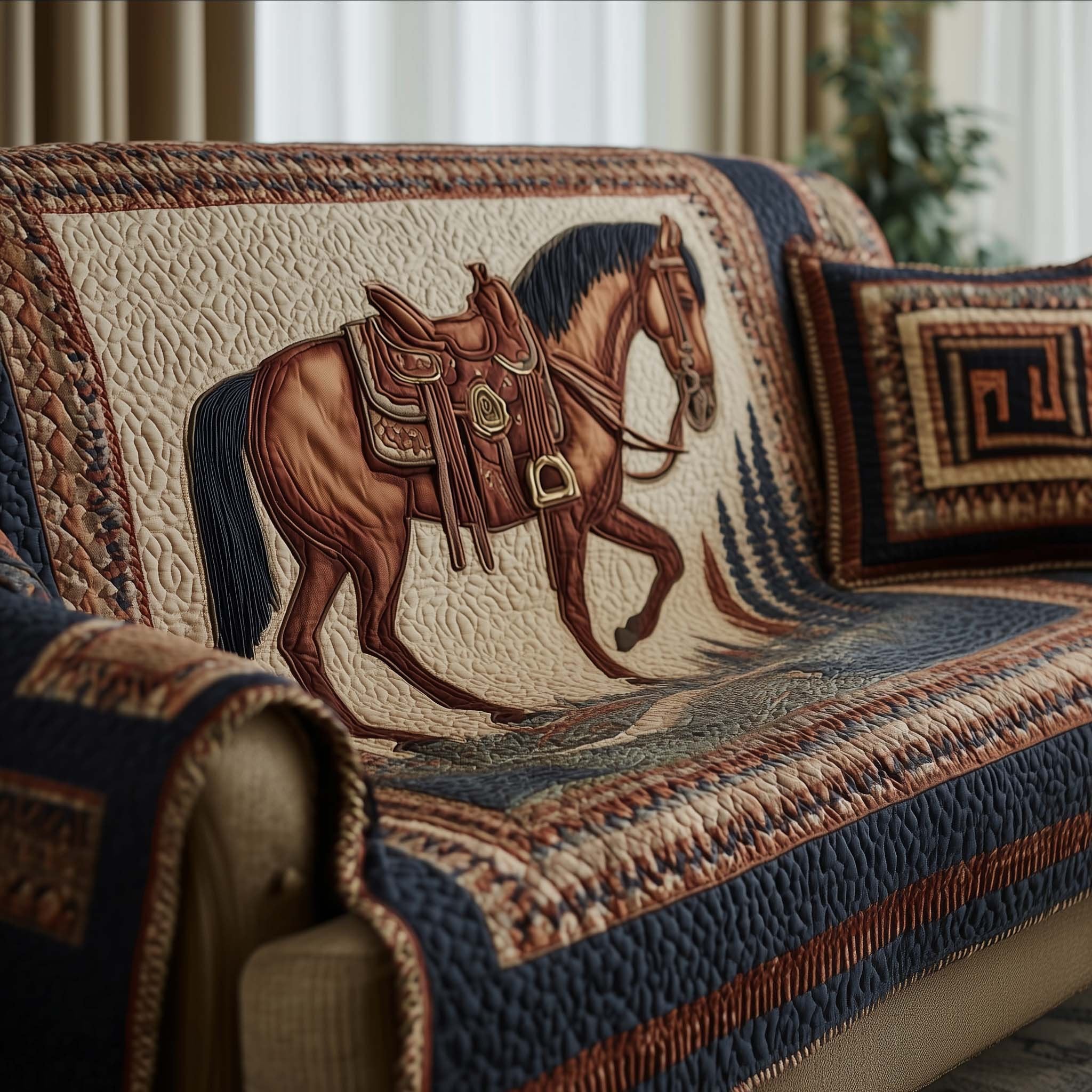 Saddled Horse on Blue Southwestern Weave Sofa Cover