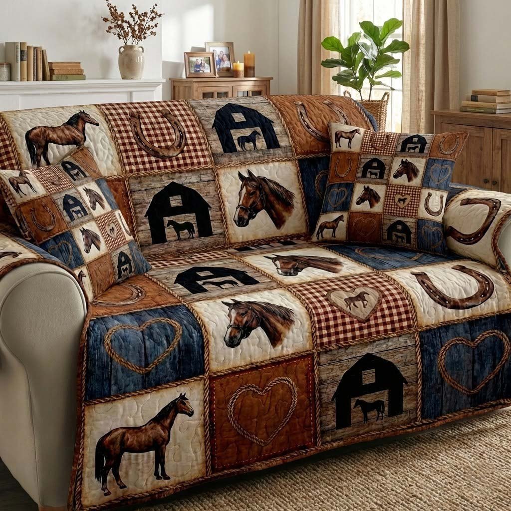 Horses and Barns in Country Blocks Sofa Cover