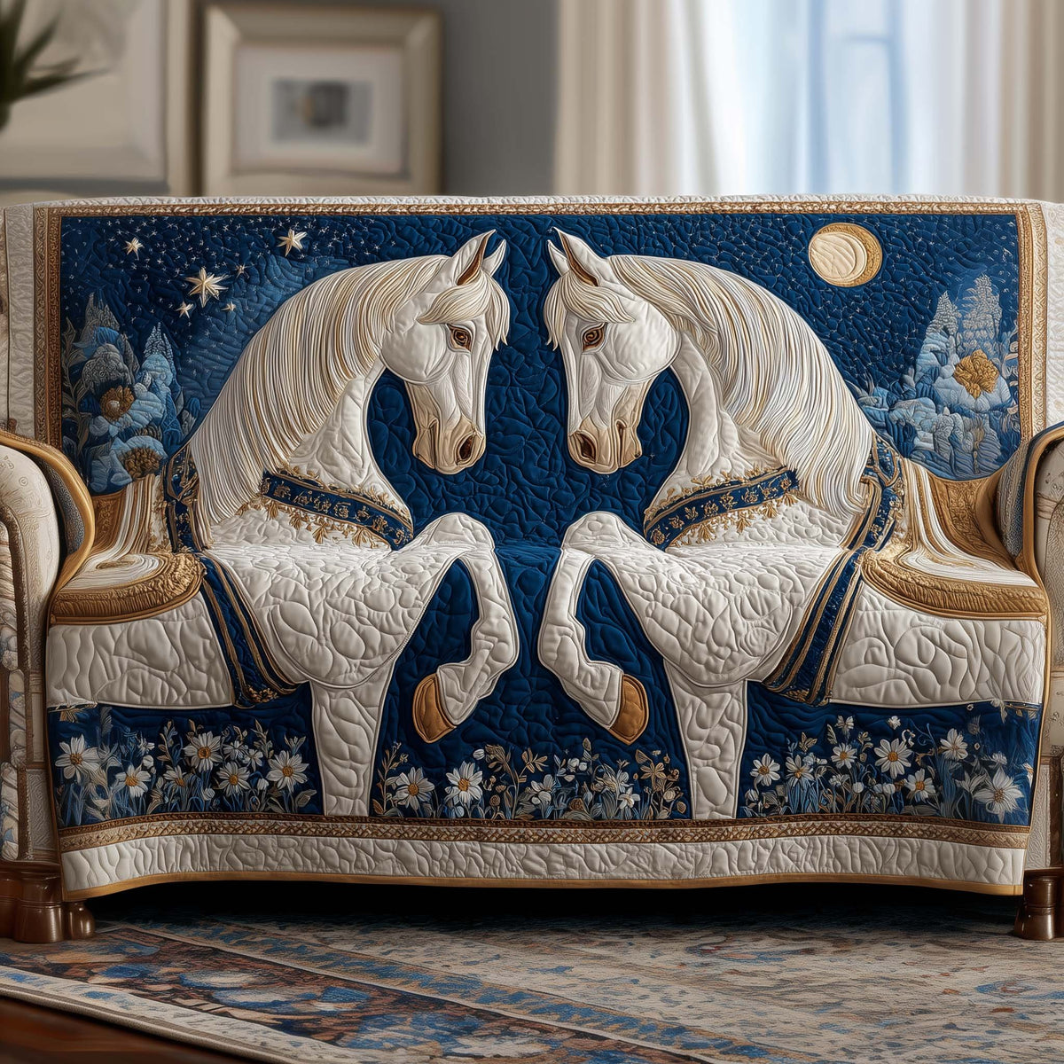 Two White Horses on Navy Florals Sofa Cover