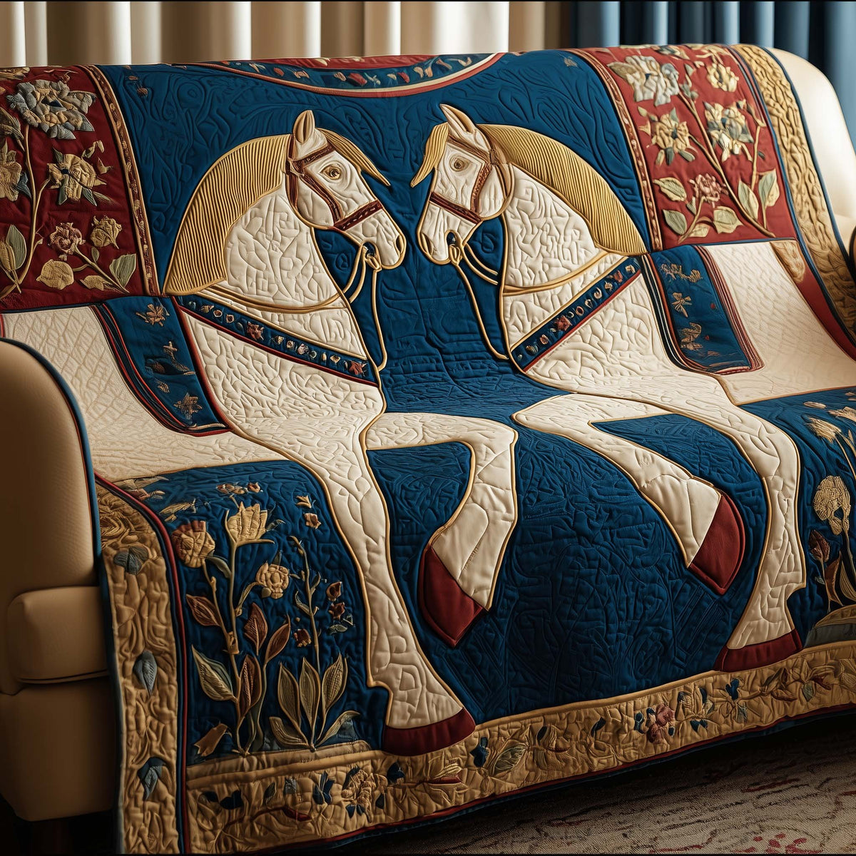 White Horse on the Navy Folk Quilt Sofa Cover